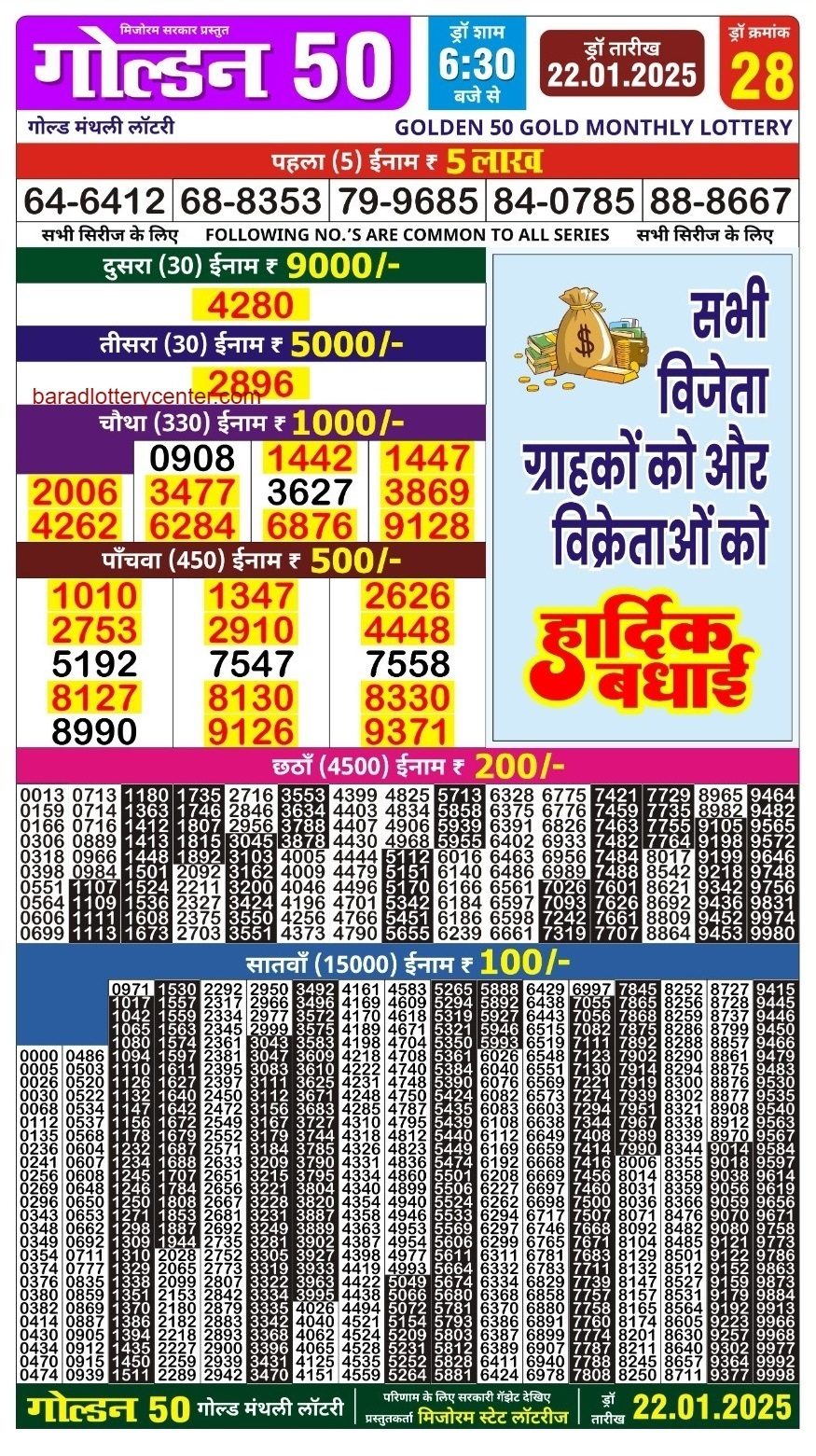 Golden 50 Gold Monthly Lottery Result Draw Date 22-1-25 6-30PM lottery result